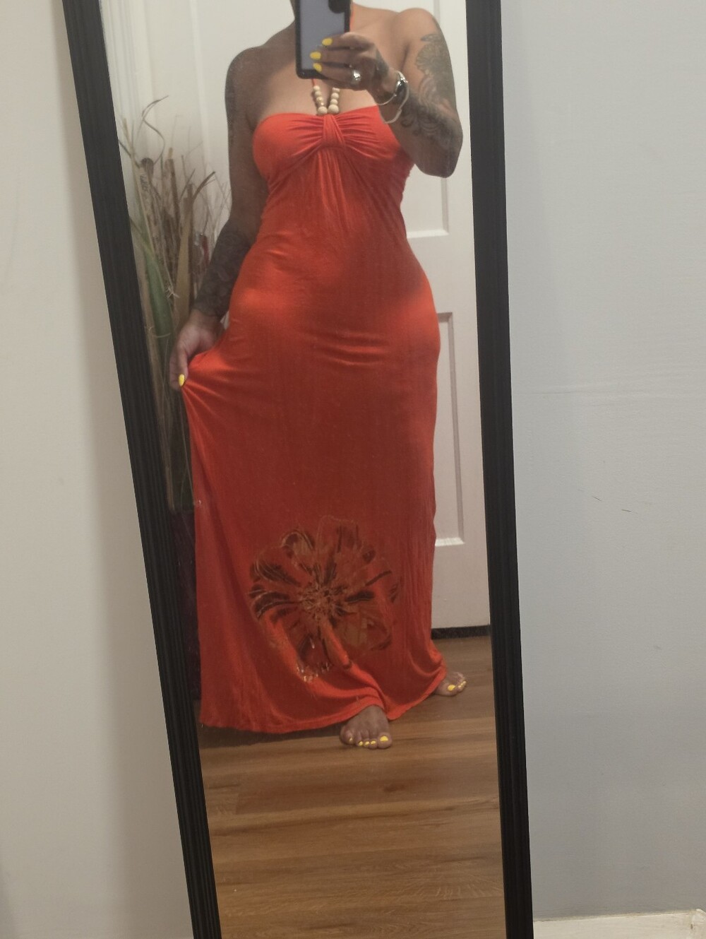 Strapless Orange Maxi Dress with Floral Detail